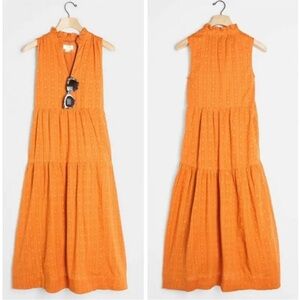 Anthropologie Maeve Marya Maxi Dress Deep Orange Cotton Dobby Pockets Tiered L